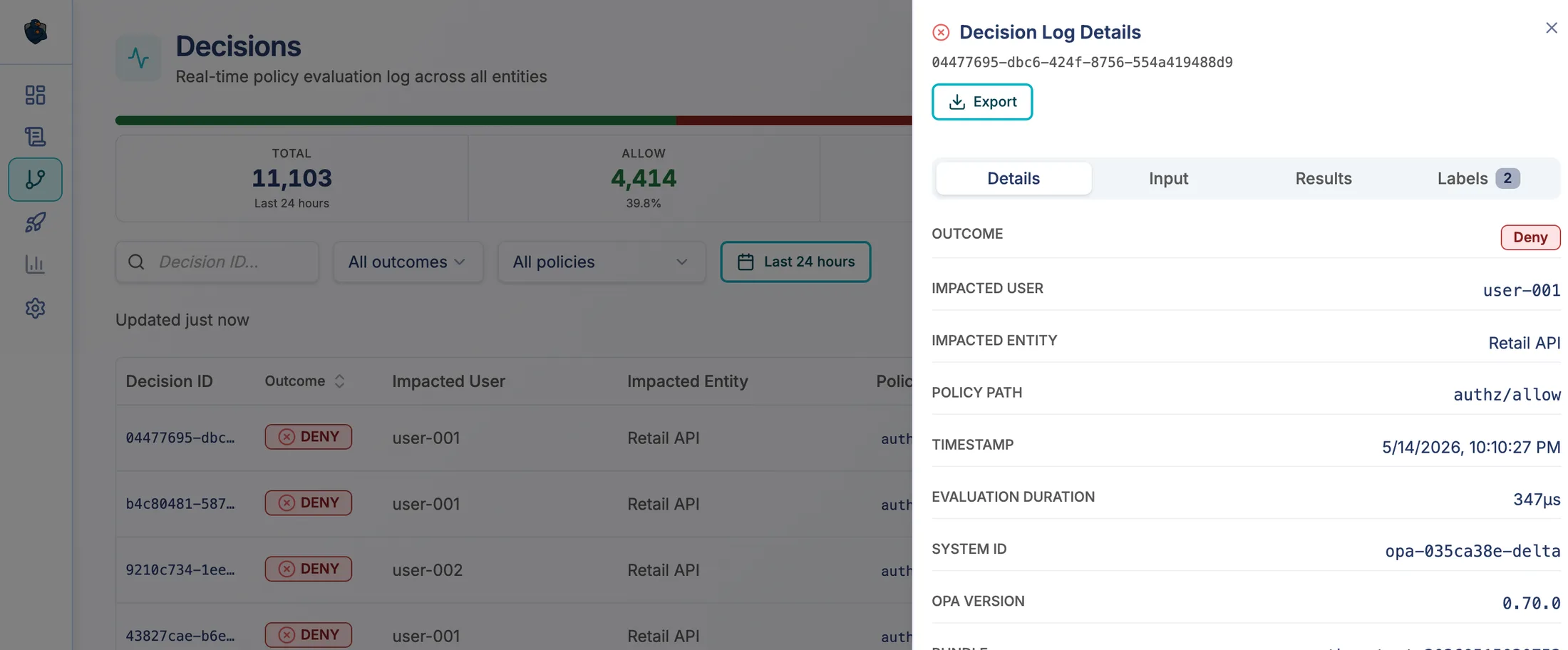 EnforceAuth decision detail — full input, results, and policy path for a single evaluation
