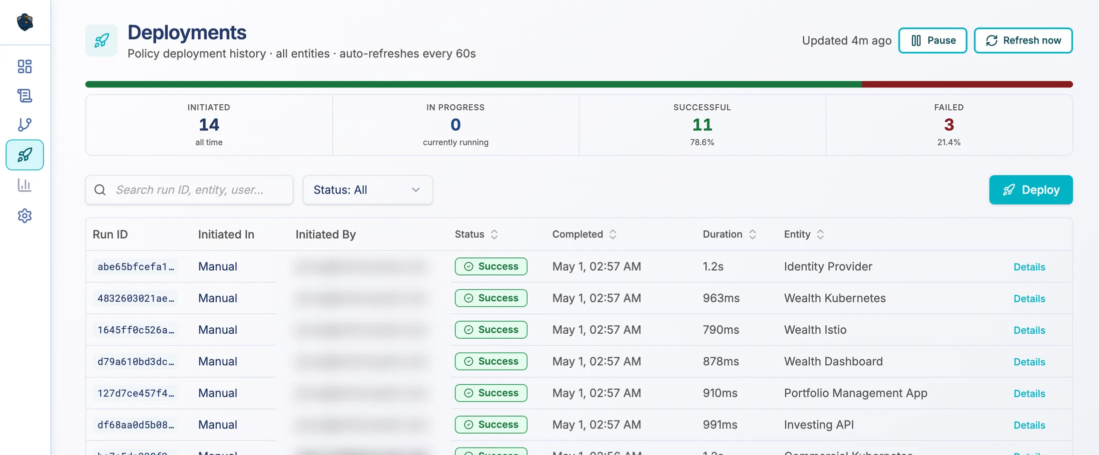EnforceAuth deployments — policy deployment history across all entities