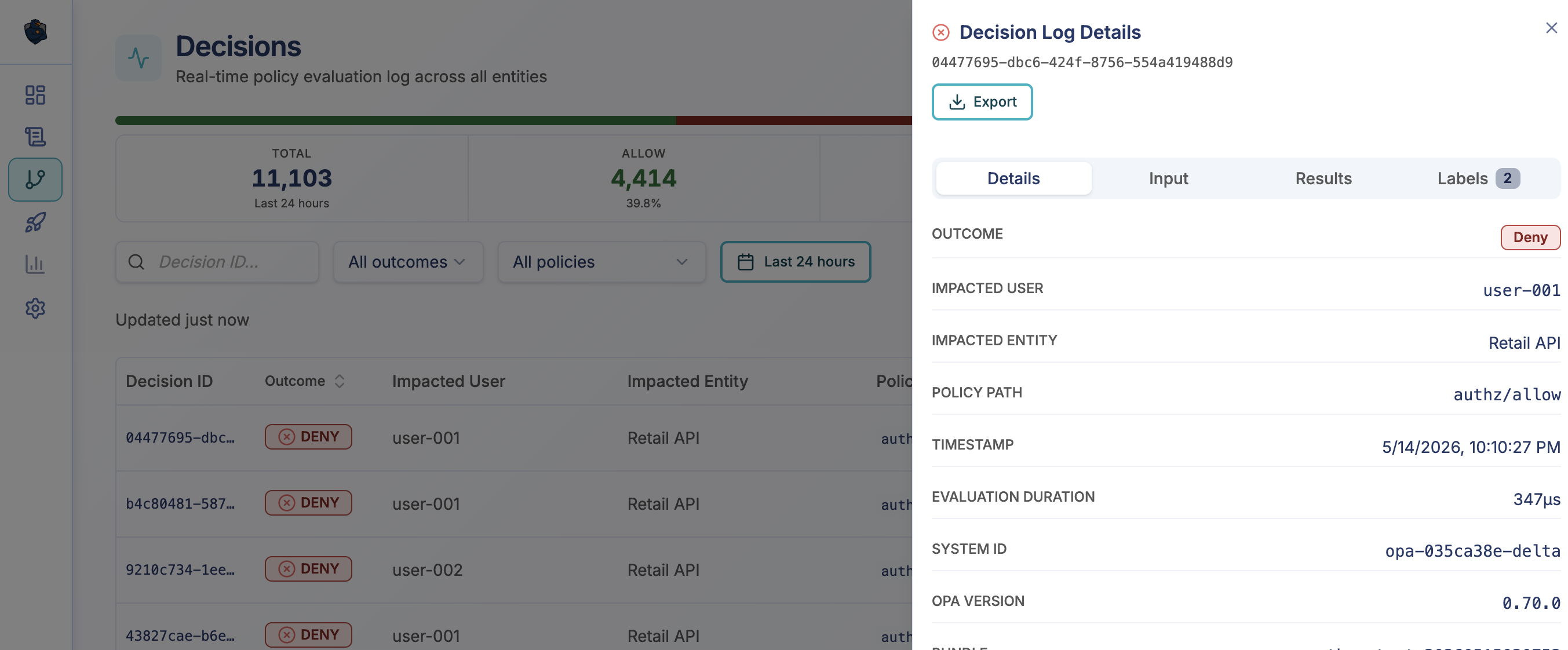 EnforceAuth decision detail — full input, results, and policy path for a single evaluation
